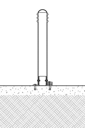 A diagram of a foldable bollard being fixed with four bolts on concrete