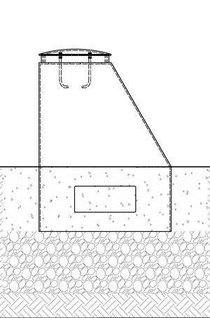 A diagram of a short, thick bollard with a one sloped face being installed in new concrete.