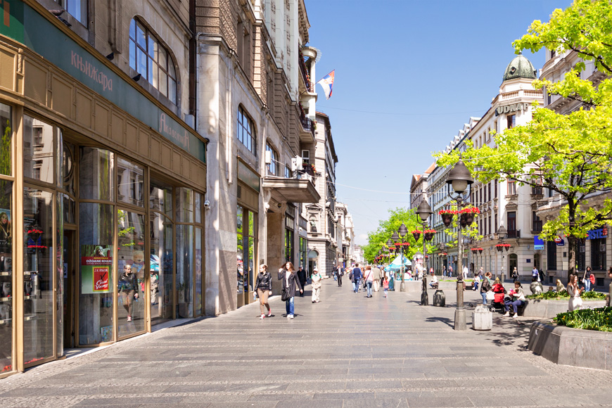 Outdoor shopping area with wide sidewalks