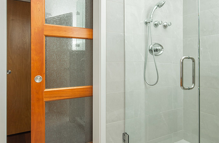 bathroom with pocket doors.